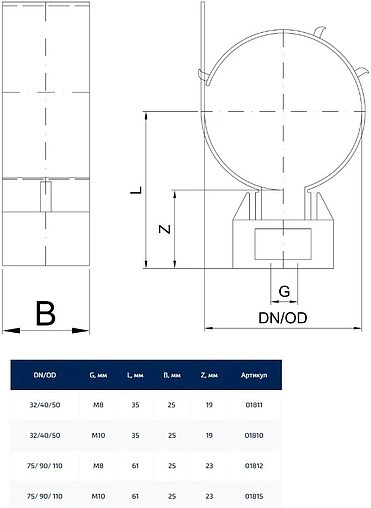 Хомут для канализационных труб D=32/40/50мм М8 Poloplast POLO-CLIP P1811