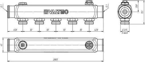 Коллектор распределительный проходной 5 отводов 1&quot;в/в x ¾&quot;ек Valtec VTc.505.SS.060505