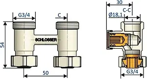 Узел нижнего подключения радиатора прямой ¾"ек x ¾"нг (½"н) Schlosser Standard хром 600700026 Узел нижнего подключения радиатора прямой ¾"ек x ¾"нг (½"н) Schlosser Standard хром 600700026, 2