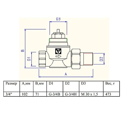 Вентиль терморегулирующий прямой ¾&quot; в/н Valtec VT.034.N.05