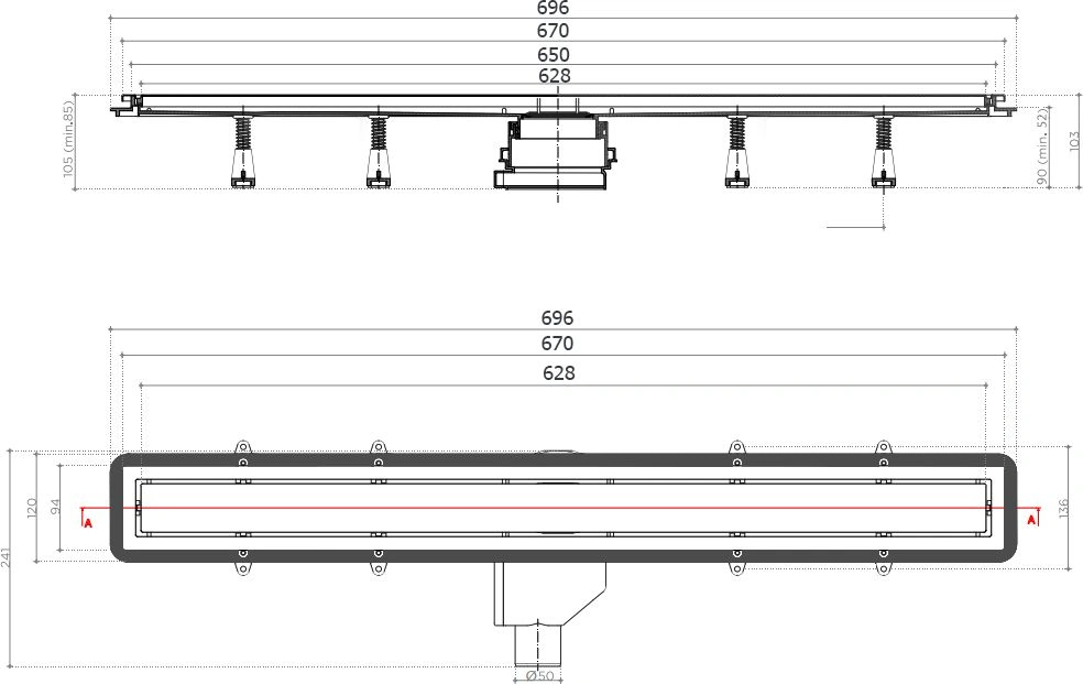 Лоток душевой Set 650мм h=52мм 0.8л/сек Pestan Confluo Premium Gold Line 650 13100053