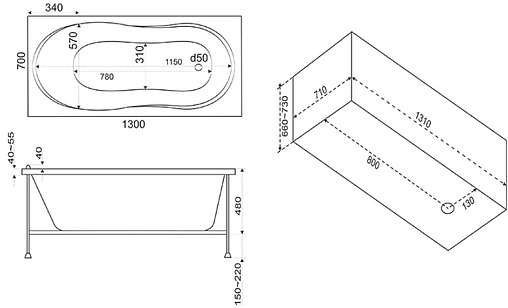 Ванна акриловая Bas Лима 130x70 В 00021