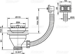 Выпуск с корзиной для мойки с прямоугольным переливом AlcaPlast полированная сталь A38 Выпуск с корзиной для мойки с прямоугольным переливом AlcaPlast полированная сталь A38, 2