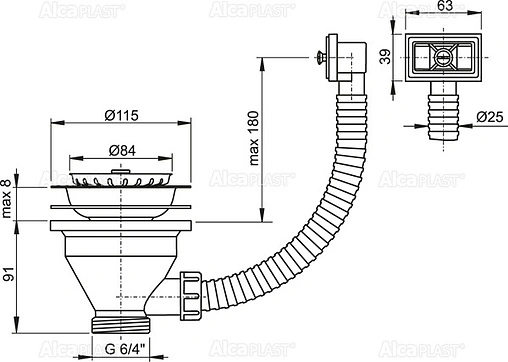Выпуск с корзиной для мойки с прямоугольным переливом AlcaPlast полированная сталь A38