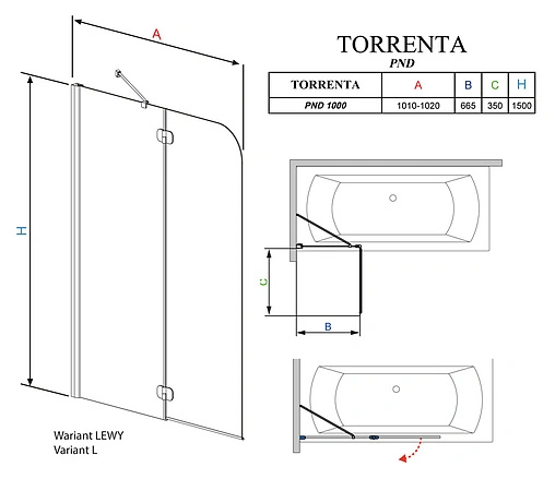 Шторка на ванну 1000мм тонированное стекло Radaway Torrenta PND PND 100 L 201202-105NL