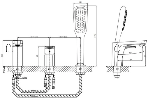 Смеситель на борт ванны на 3 отверстия D&amp;K Berlin Tourto золото DA1434903
