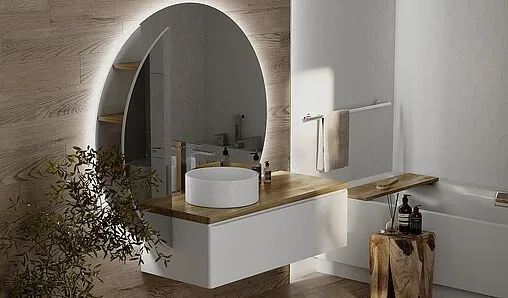 Зеркало с подсветкой и полками Jorno Solis new 34 белый/светлое дерево SolN.11.34/W/JR