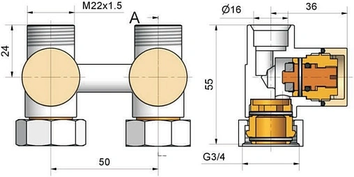 Узел нижнего подключения радиатора прямой М22x1.5 x ¾"ек Schlosser Exclusive хром 601000003 Узел нижнего подключения радиатора прямой М22x1.5 x ¾"ек Schlosser Exclusive хром 601000003