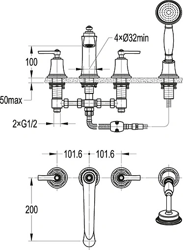 Смеситель на борт ванны на 4 отверстия Cezares Liberty хром/белый LIBERTY-F-BVD4-01