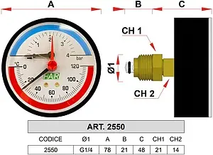 Термоманометр аксиальный Far 80мм 6 бар 120°С ½&quot; FA 2550P10 12, 2