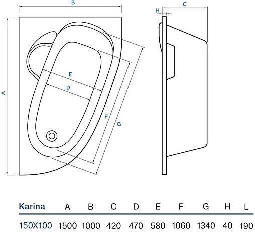 Ванна акриловая Koller Pool Karina 150х100 L