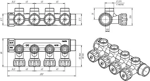 Коллектор регулирующий проходной 4 отвода 1&quot;в/н x ¾&quot;ек Valtec VTc.570.NE.0604