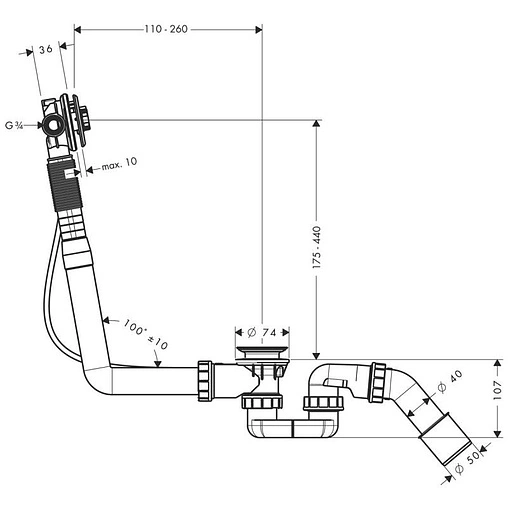 Слив-перелив для ванны без накладок с функцией налива Hansgrohe Exafill S 58115180