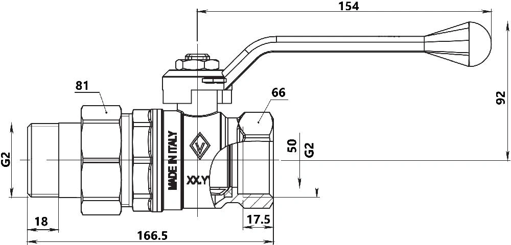 Кран шаровый с американкой 2"в x 2"н Bugatti New Jersey 09200008