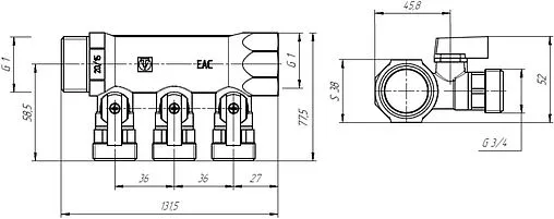 Коллектор запорный проходной 3 отвода 1&quot;в/н x ¾&quot;ек Valtec VTc.580.NE.0603