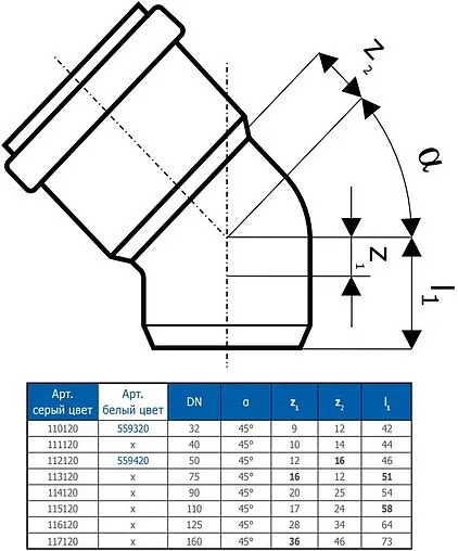 Отвод внутренний D=50мм Угол 45° Ostendorf HTB 112120 Отвод внутренний D=50мм Угол 45° Ostendorf HTB 112120