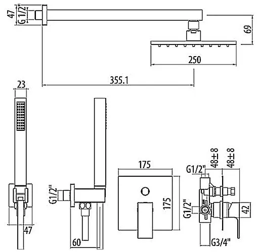 Душевая система со смесителем для душа Gattoni Kubik чёрный матовый KTQ15/PDNO