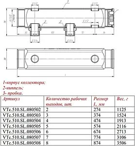 Коллектор распределительный проходной 3 отвода 1½&quot;в/в x ¾&quot;н Valtec VTc.510.SL.080503, 2