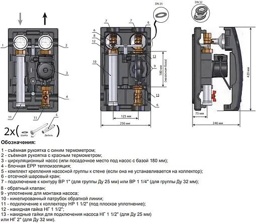 Насосный модуль с прямым контуром 1&quot;в х 1½&quot;н Meibes UK M66811.36SH с насосом Flamco GPA 25-7.5