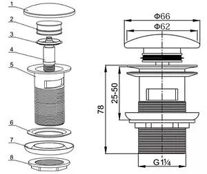 Выпуск автоматический для раковины с переливом Toni Arti хром TA-A43-0CH Выпуск автоматический для раковины с переливом Toni Arti хром TA-A43-0CH, 2