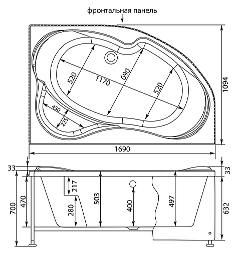 Ванна акриловая Aquanet Capri 170x110 R 00203922