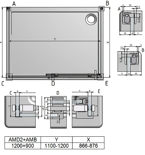 Душевое ограждение 1200x900мм прозрачное стекло Roltechnik Ambient Line AMB+AMD2+AMB/900*1200*900 621-9000000-00-02+620-1200000-00-02+621-9000000-00-02