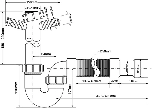Сифон трубный для мойки Mc Alpine MRSK10-NW