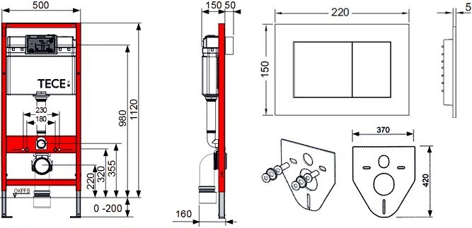 Инсталляция для подвесного унитаза Set 4 в 1 TECEbase kit 9400012 с кнопкой TECEnow хром