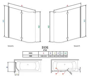 Шторка на ванну 1300мм прозрачное стекло Radaway Eos PND 130 L 205202-101L, 2