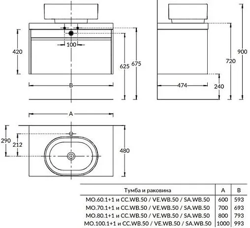 Тумба-умывальник подвесная Kerama Marazzi Modula 100 белая глянцевая MO.100.1+1\WHT+r