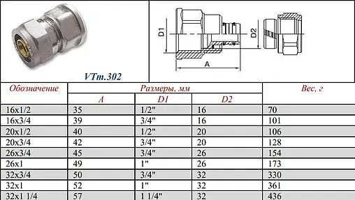 Муфта компрессионная переходная 20мм x ½"в Valtec VTm.302.N.002004 Муфта компрессионная переходная 20мм x ½"в Valtec VTm.302.N.002004