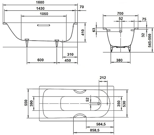 Ванна стальная Kaldewei Saniform Plus 160x70 mod. 362-1 anti-slip (полный) белый 111734010001