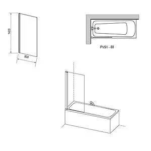 Шторка на ванну 800мм прозрачное стекло Ravak PVS1 80 79840100Z1, 2
