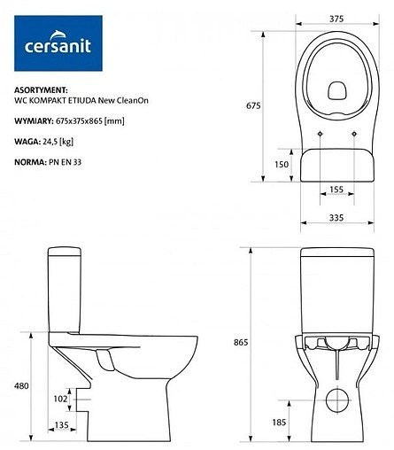 Унитаз-компакт безободковый Cersanit Etiuda Clean On белый P-KO-ETI010-3/6-COn