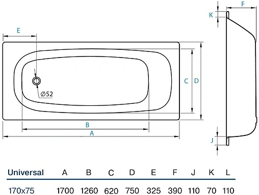 Ванна стальная Koller Pool Universal 150x70 белый B50HAH00E