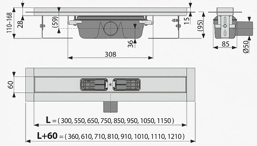 Лоток душевой 1150мм h=95мм 1.15л/сек AlcaPlast APZ6-1150 Professional