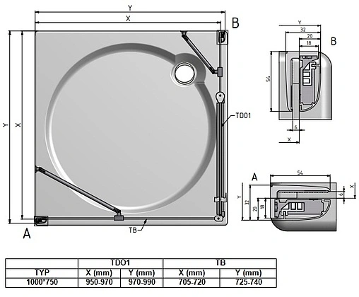 Душевое ограждение 1000x750мм прозрачное стекло Roltechnik Tower Line TDO1+TB/1000*750 724-1000000-00-02+725-7500000-00-02