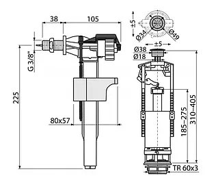 Комплект арматуры для бачка однорежимный ⅜" пластик боковой AlcaPlast SA2000 ⅜" Комплект арматуры для бачка однорежимный ⅜" пластик боковой AlcaPlast SA2000 ⅜", 2
