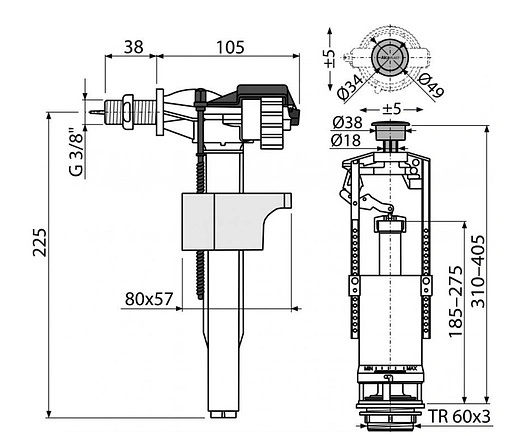 Комплект арматуры для бачка однорежимный ⅜&quot; пластик боковой AlcaPlast SA2000 ⅜&quot;