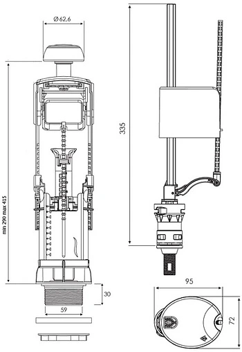 Комплект арматуры для бачка двухрежимный ½&quot; латунь нижний OLI ATLAS V3 + Uni Bottom 122540
