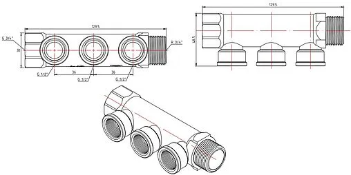 Коллектор распределительный проходной 3 отвода ¾&quot;в/н x ½&quot;в Valtec VTc.550.N.0503