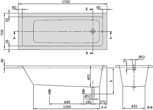 Ванна акриловая Villeroy&Boch Targa Plus 170x70 альпийский белый UBA177NES2V01+U99740000