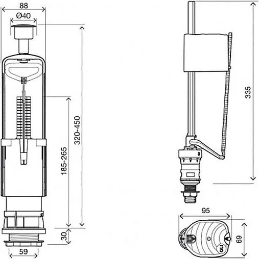 Комплект арматуры для бачка двухрежимный ½&quot; пластик нижний OLI URAL II + UNI BOTTOM ½ 171014