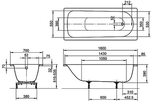 Ванна стальная Kaldewei Eurowa 160x70 mod. 311 с отв. для ручек белый 119721020001