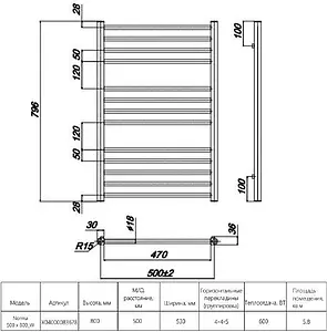 Полотенцесушитель водяной лесенка Ravak Norma 500 x 800_W полированная сталь X04000083678, 2