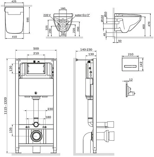 Комплект 6 в 1 Am.Pm Inspire 2.0 FlashClean IS450A38.CCC50A с кнопкой черный матовый
