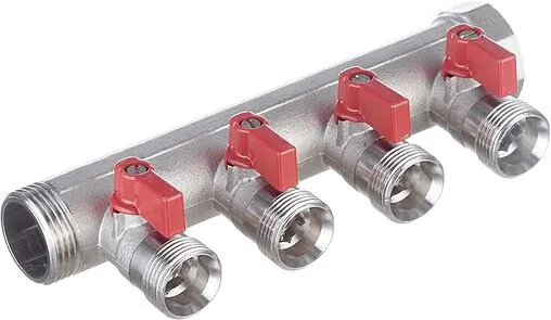 Коллектор запорный проходной 4 отвода красный 1&quot;в/н x ¾&quot;ек Henco VB060504-ROOD