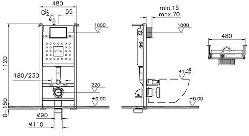 Инсталляция для подвесного унитаза Set 3 в 1 VitrA Core 800-1873 с кнопкой хром глянцевый