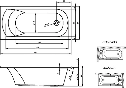 Ванна акриловая Riho MIAMI 150x70 B058001005