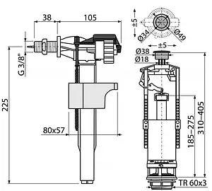 Комплект арматуры для бачка однорежимный ⅜" латунь боковой AlcaPlast SA2000K ⅜" Комплект арматуры для бачка однорежимный ⅜" латунь боковой AlcaPlast SA2000K ⅜", 2